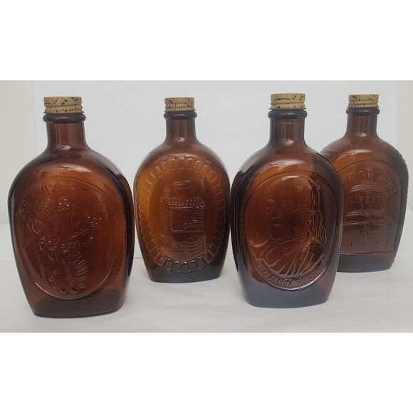 Set of 4 1776 Bicentennial Log Cabin Maple Syrup Amber Glass Bottles Vintage - Picture 3 of 16